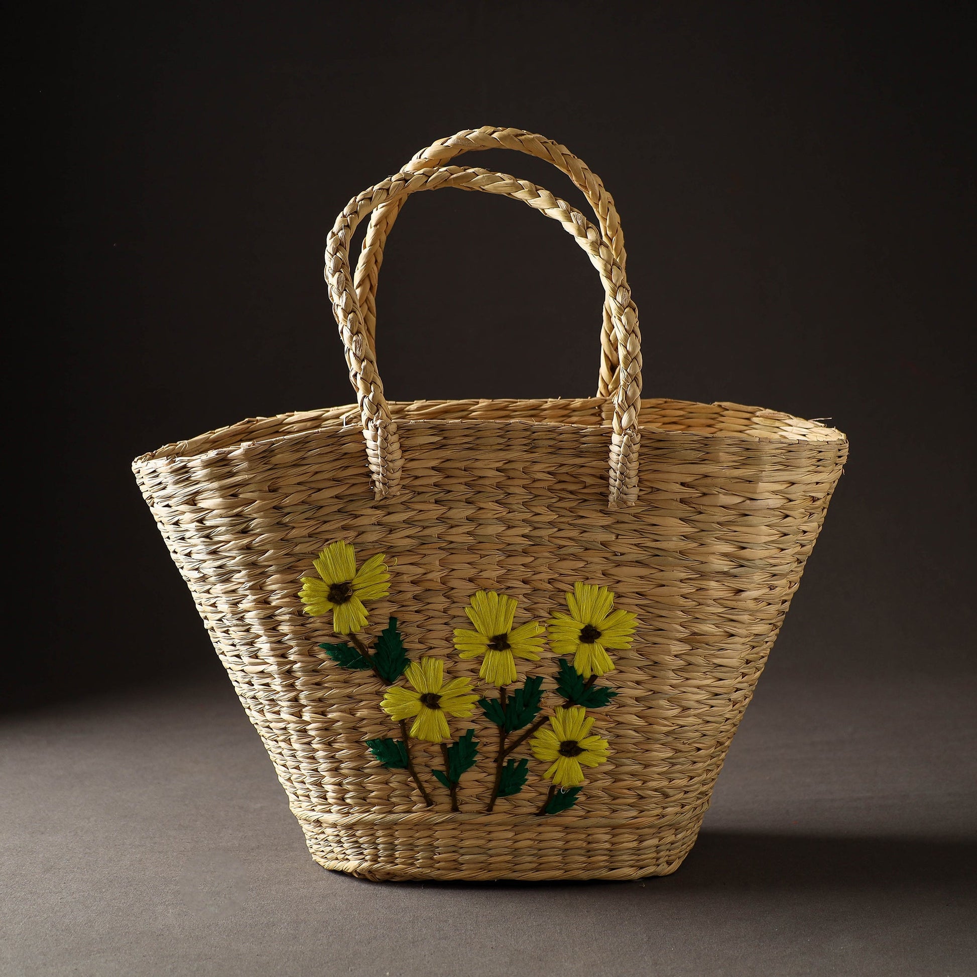 Beige - Handcrafted Natural Water Reed Embroidered Shopping Bag