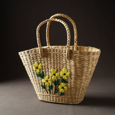 Beige - Handcrafted Natural Water Reed Embroidered Shopping Bag