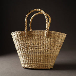 Beige - Handcrafted Natural Water Reed Embroidered Shopping Bag