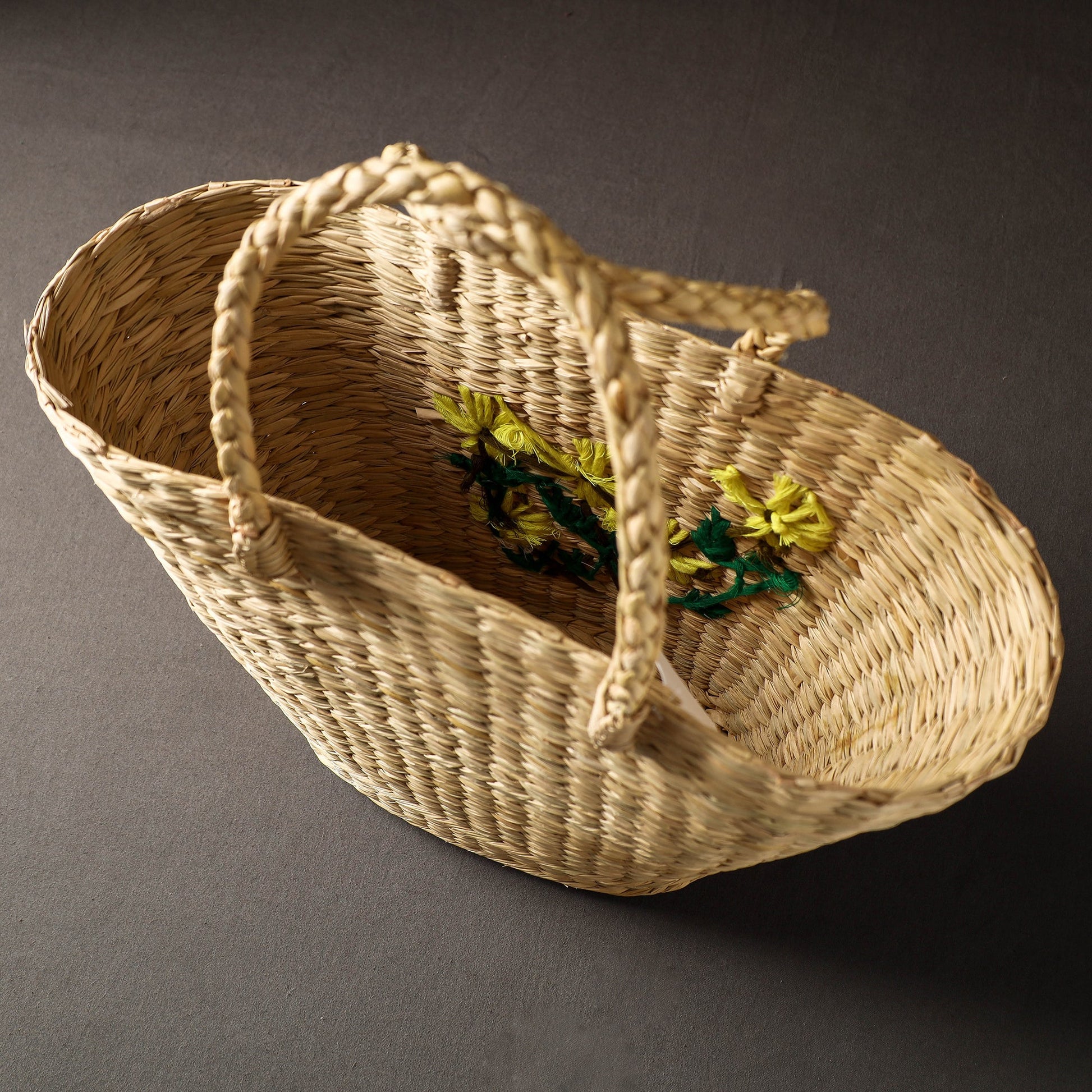Beige - Handcrafted Natural Water Reed Embroidered Shopping Bag