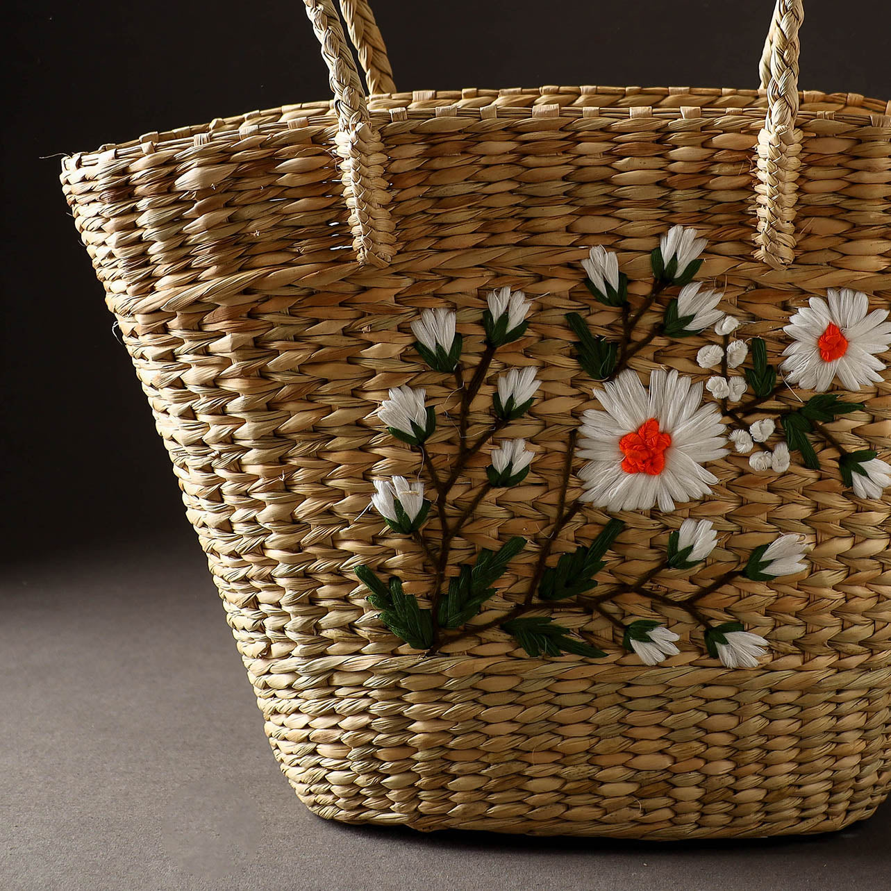 Beige - Handcrafted Natural Water Reed Embroidered Shopping Bag