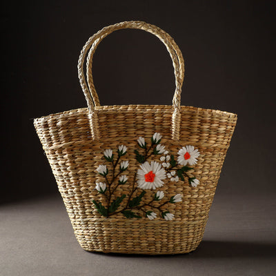 Beige - Handcrafted Natural Water Reed Embroidered Shopping Bag