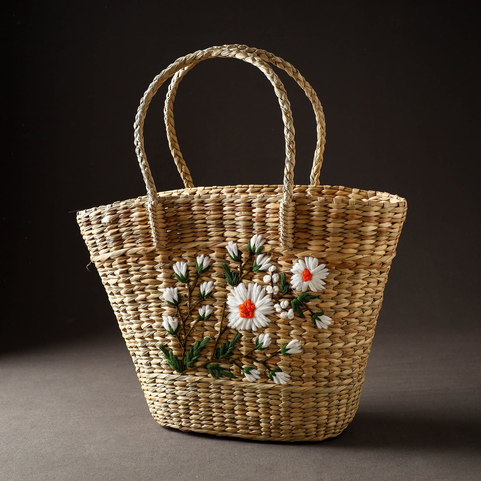 Beige - Handcrafted Natural Water Reed Embroidered Shopping Bag