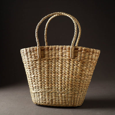 Beige - Handcrafted Natural Water Reed Embroidered Shopping Bag
