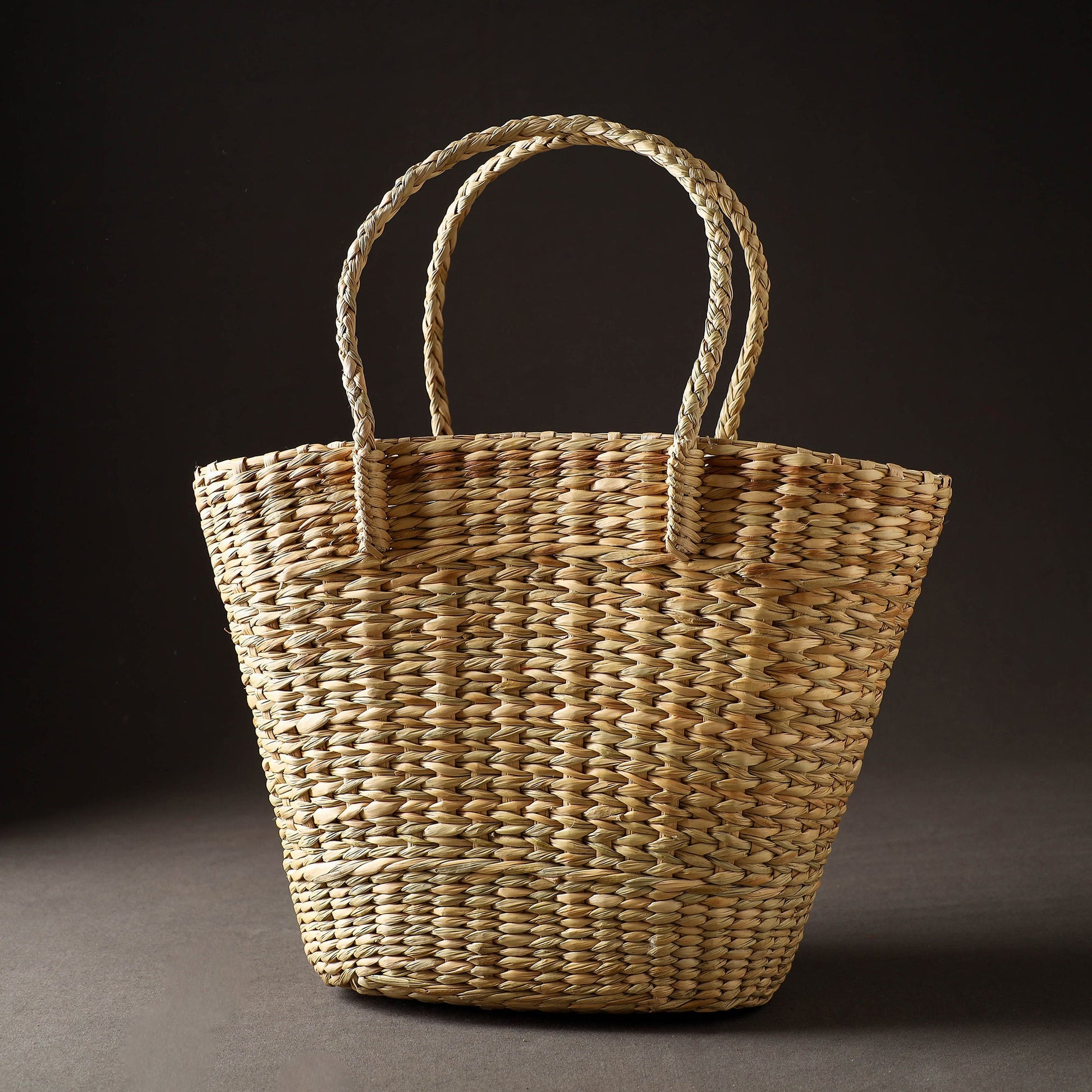 Beige - Handcrafted Natural Water Reed Embroidered Shopping Bag