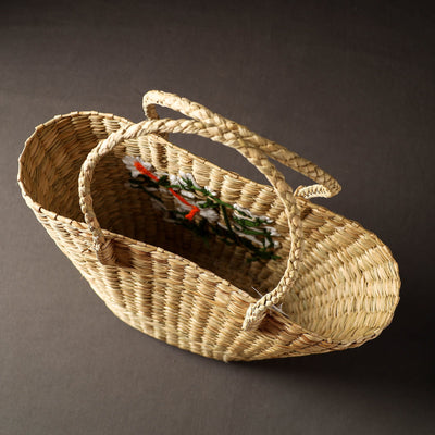 Beige - Handcrafted Natural Water Reed Embroidered Shopping Bag