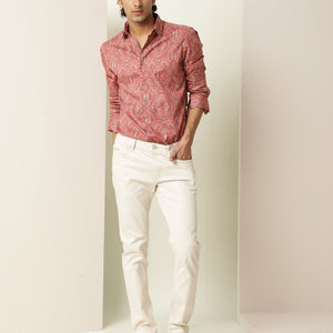 Rare Rabbit Men's Moire Red Cotton Fabric Paisley Print Full Sleeves Shirt