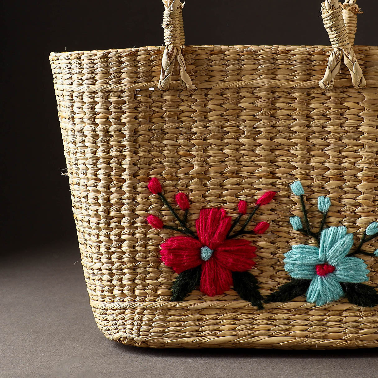 Beige - Handcrafted Natural Water Reed Embroidered Shopping Bag