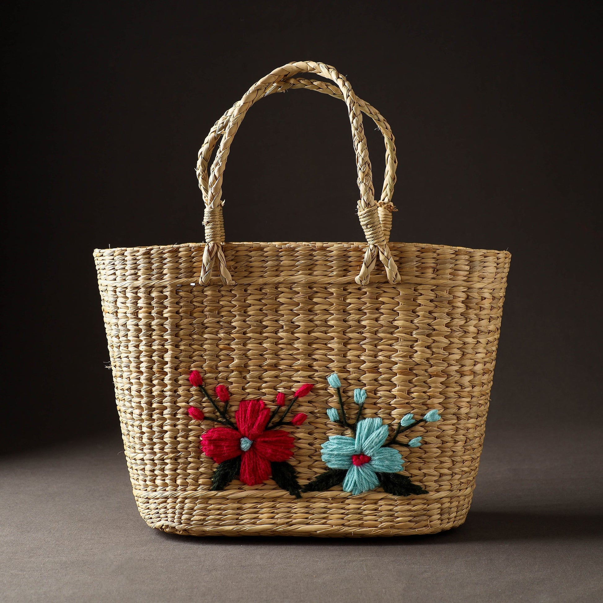 Beige - Handcrafted Natural Water Reed Embroidered Shopping Bag