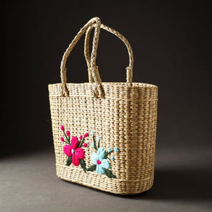 Beige - Handcrafted Natural Water Reed Embroidered Shopping Bag