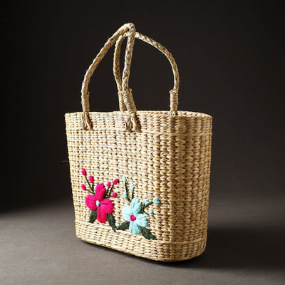 Beige - Handcrafted Natural Water Reed Embroidered Shopping Bag