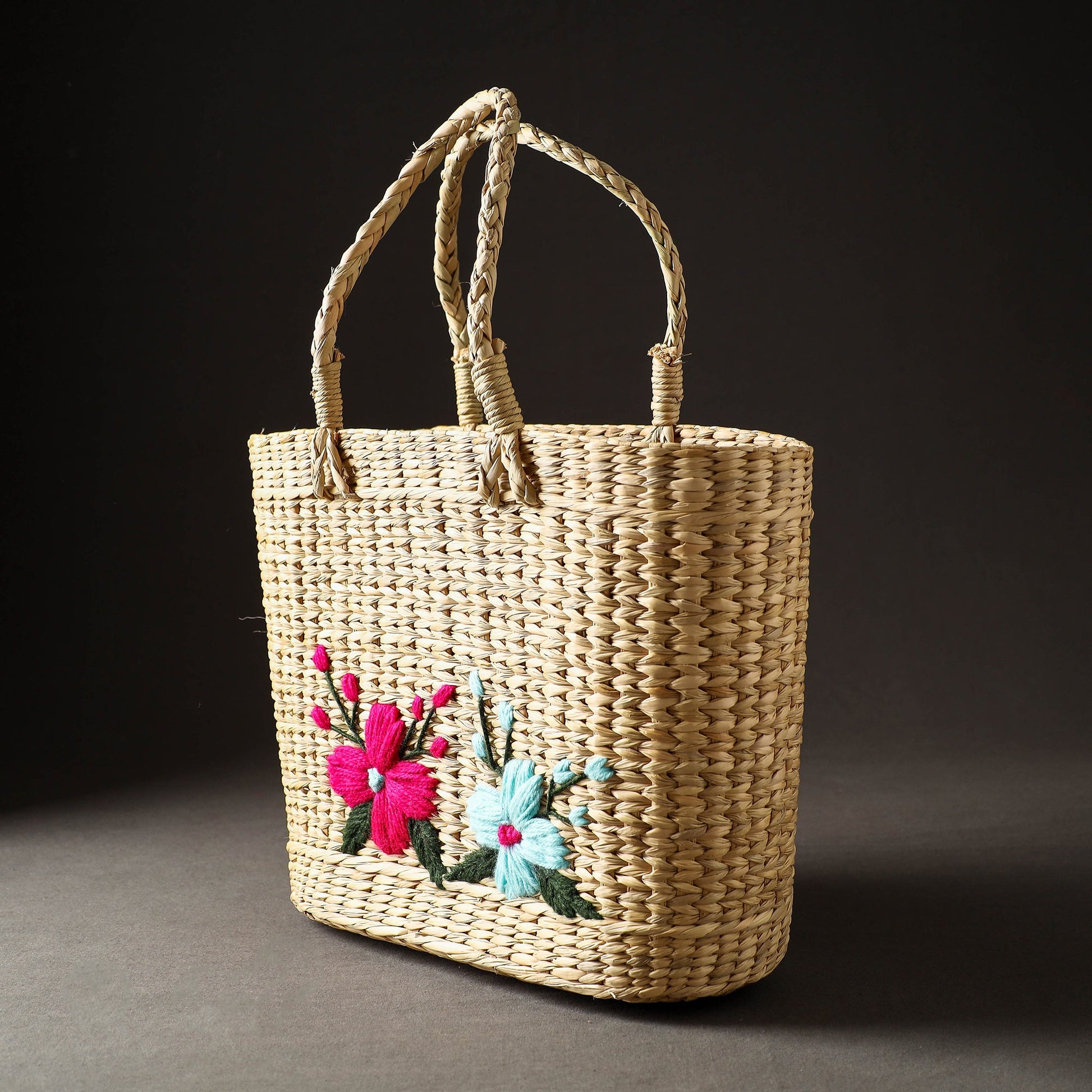 Beige - Handcrafted Natural Water Reed Embroidered Shopping Bag