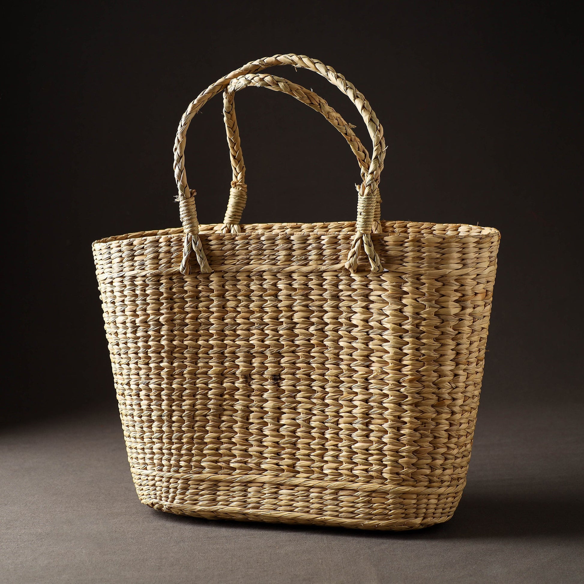 Beige - Handcrafted Natural Water Reed Embroidered Shopping Bag