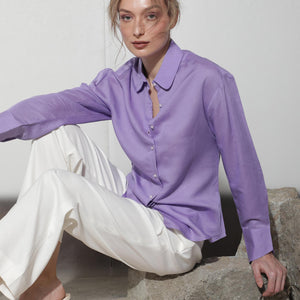 Rareism Women Jayleen Fluorescent Purple Modal Linen Fabric Full Sleeves Button Closure Shirt Collar Slim Fit Plain Top