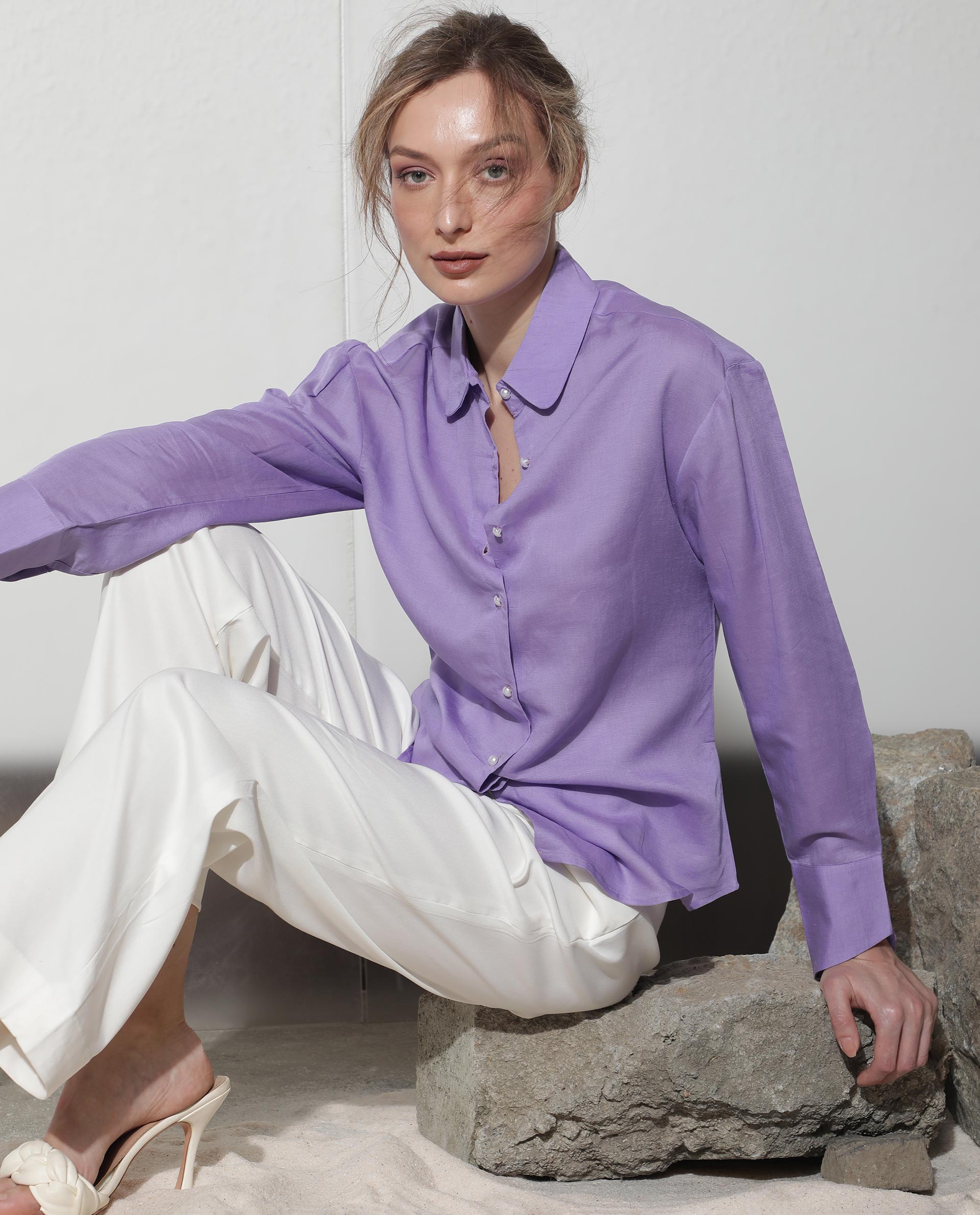 Rareism Women Jayleen Fluorescent Purple Modal Linen Fabric Full Sleeves Button Closure Shirt Collar Slim Fit Plain Top