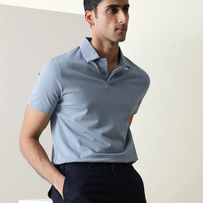 Rare Rabbit Men'S Zeny Blue Cotton Fabric Collared Neck Half Sleeves Button Closure Polo T-Shirt