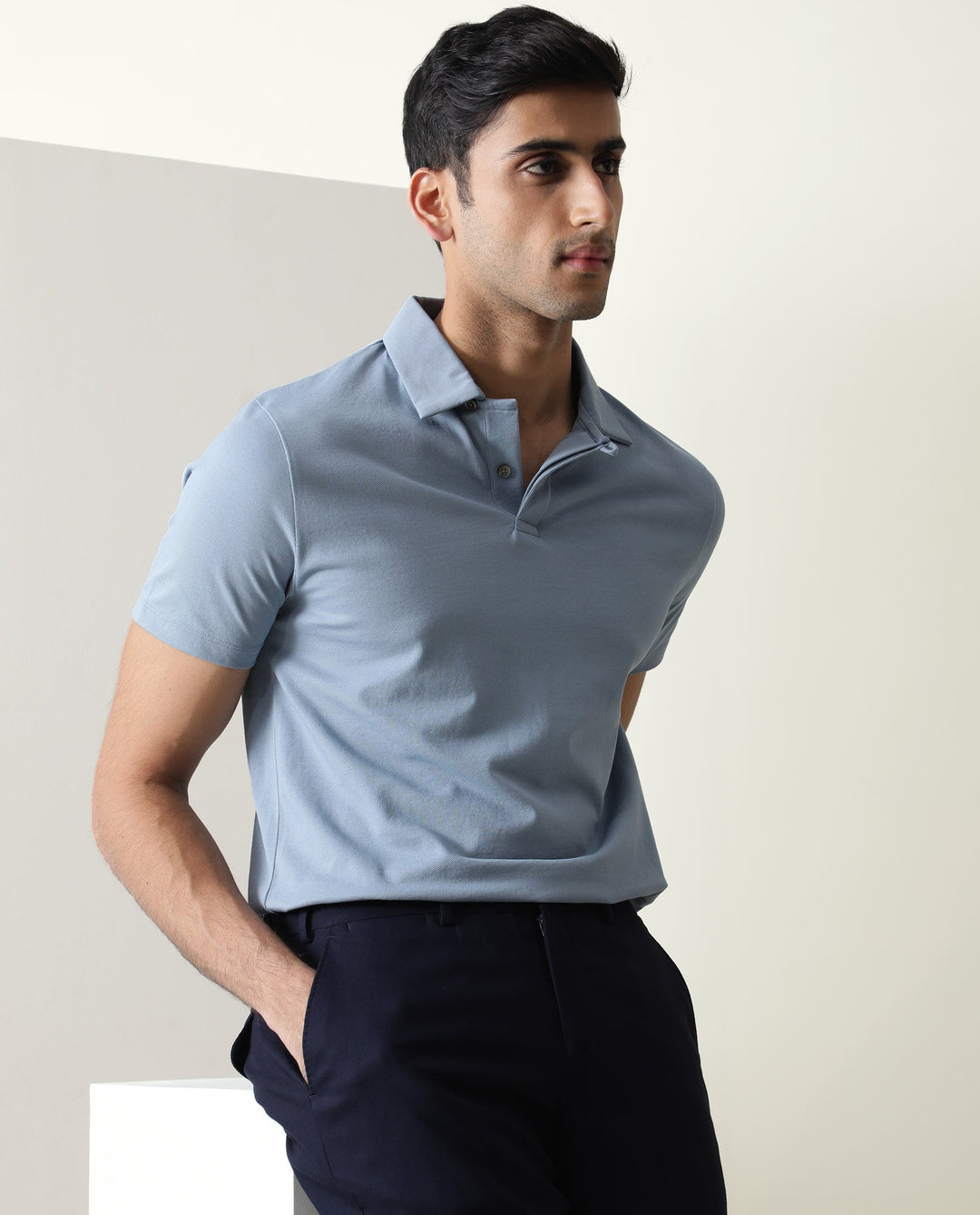 Rare Rabbit Men'S Zeny Blue Cotton Fabric Collared Neck Half Sleeves Button Closure Polo T-Shirt