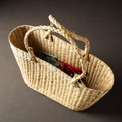 Beige - Handcrafted Natural Water Reed Embroidered Shopping Bag
