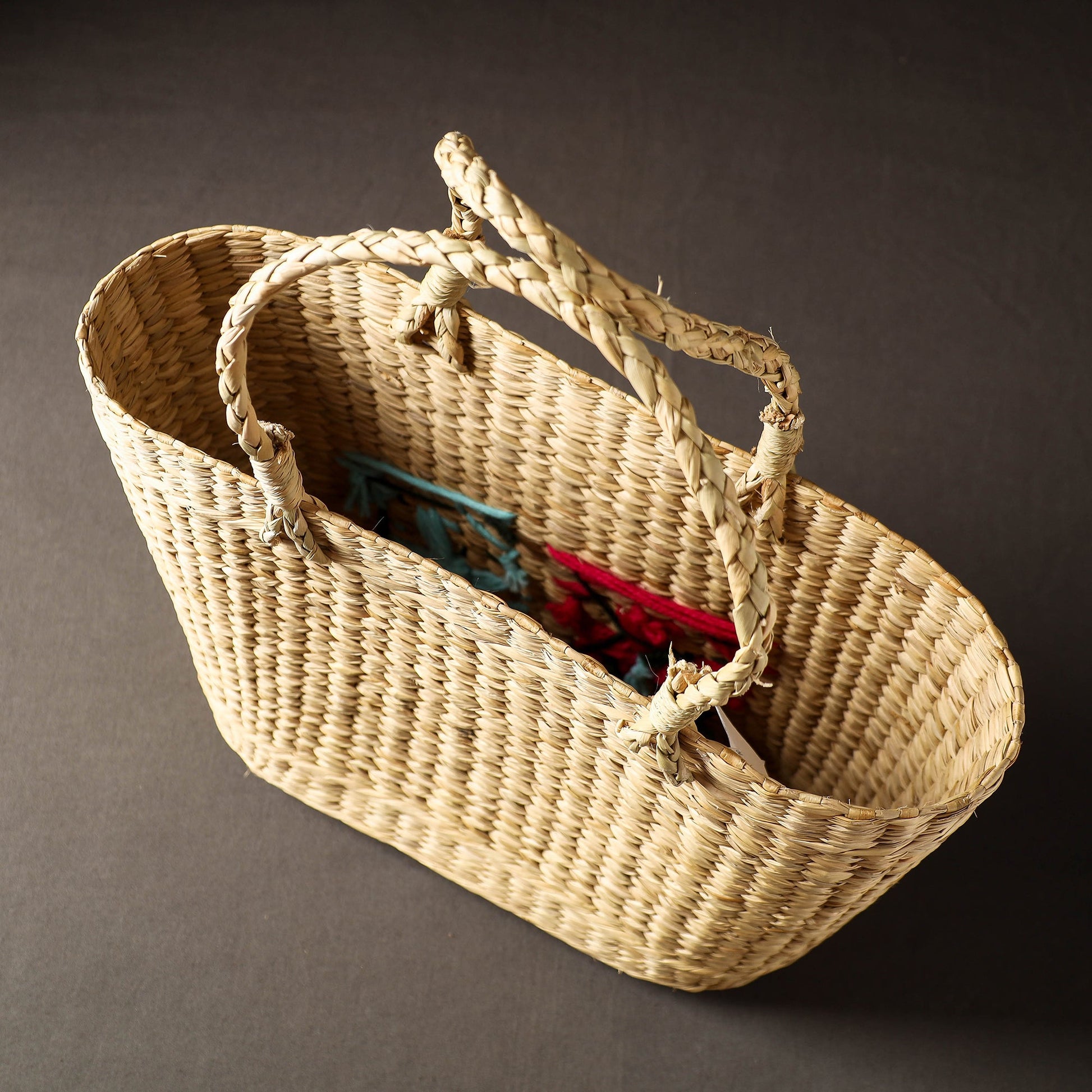 Beige - Handcrafted Natural Water Reed Embroidered Shopping Bag
