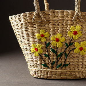 Beige - Handcrafted Natural Water Reed Embroidered Shopping Bag