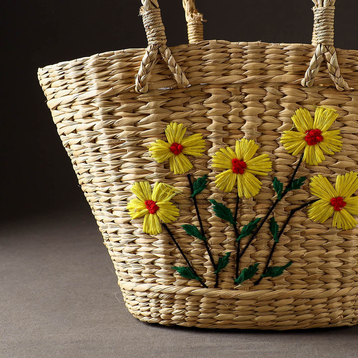 Beige - Handcrafted Natural Water Reed Embroidered Shopping Bag