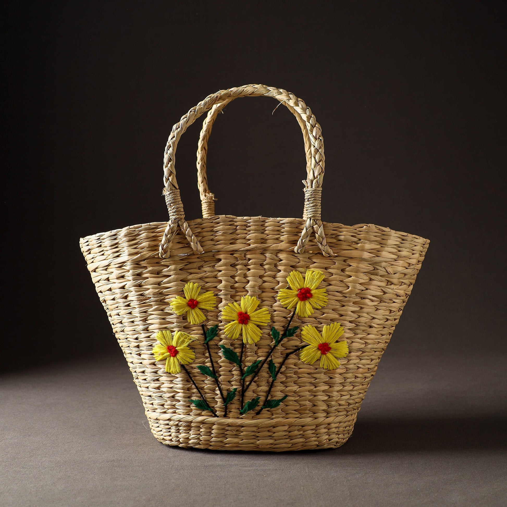 Beige - Handcrafted Natural Water Reed Embroidered Shopping Bag