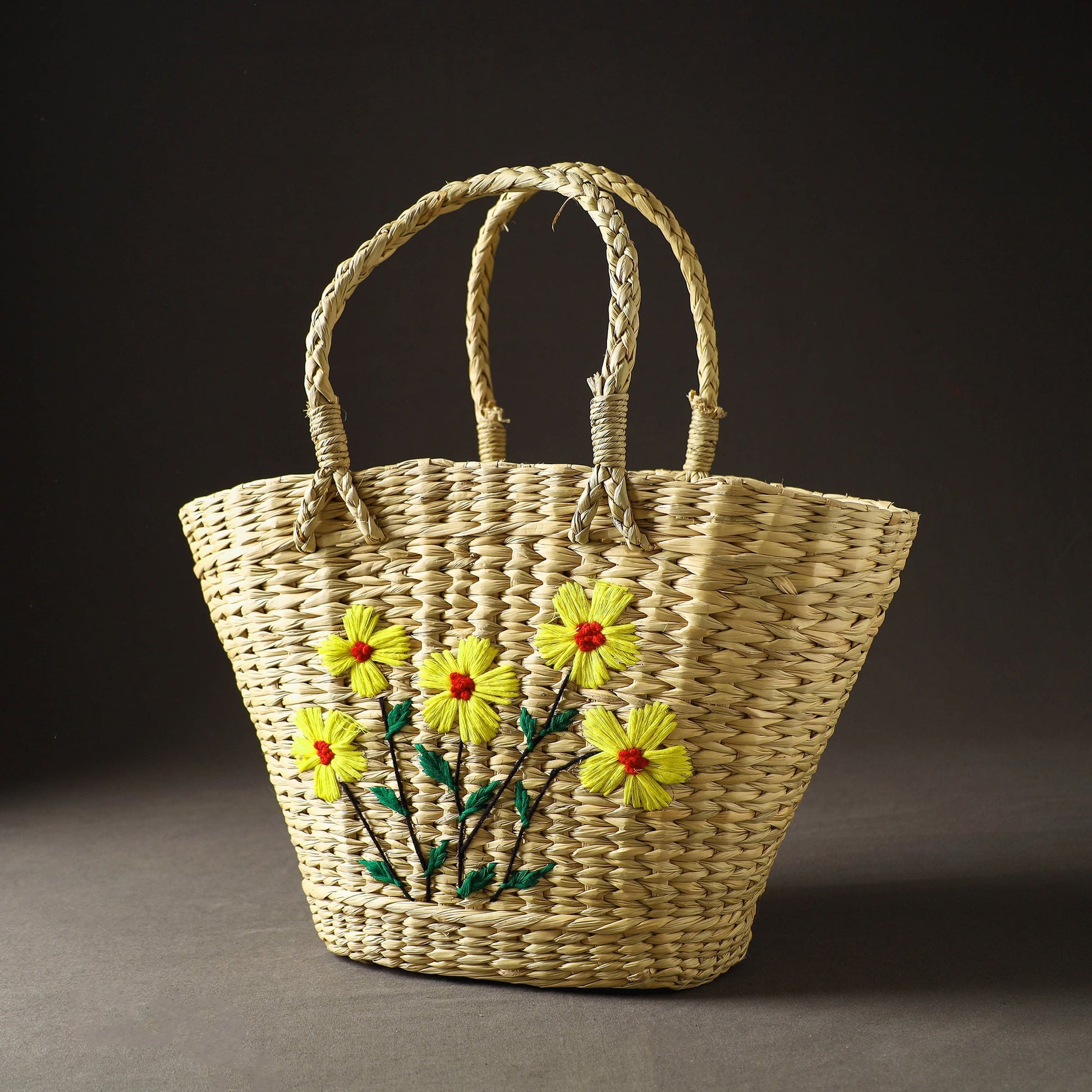 Beige - Handcrafted Natural Water Reed Embroidered Shopping Bag