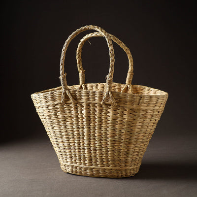 Beige - Handcrafted Natural Water Reed Embroidered Shopping Bag