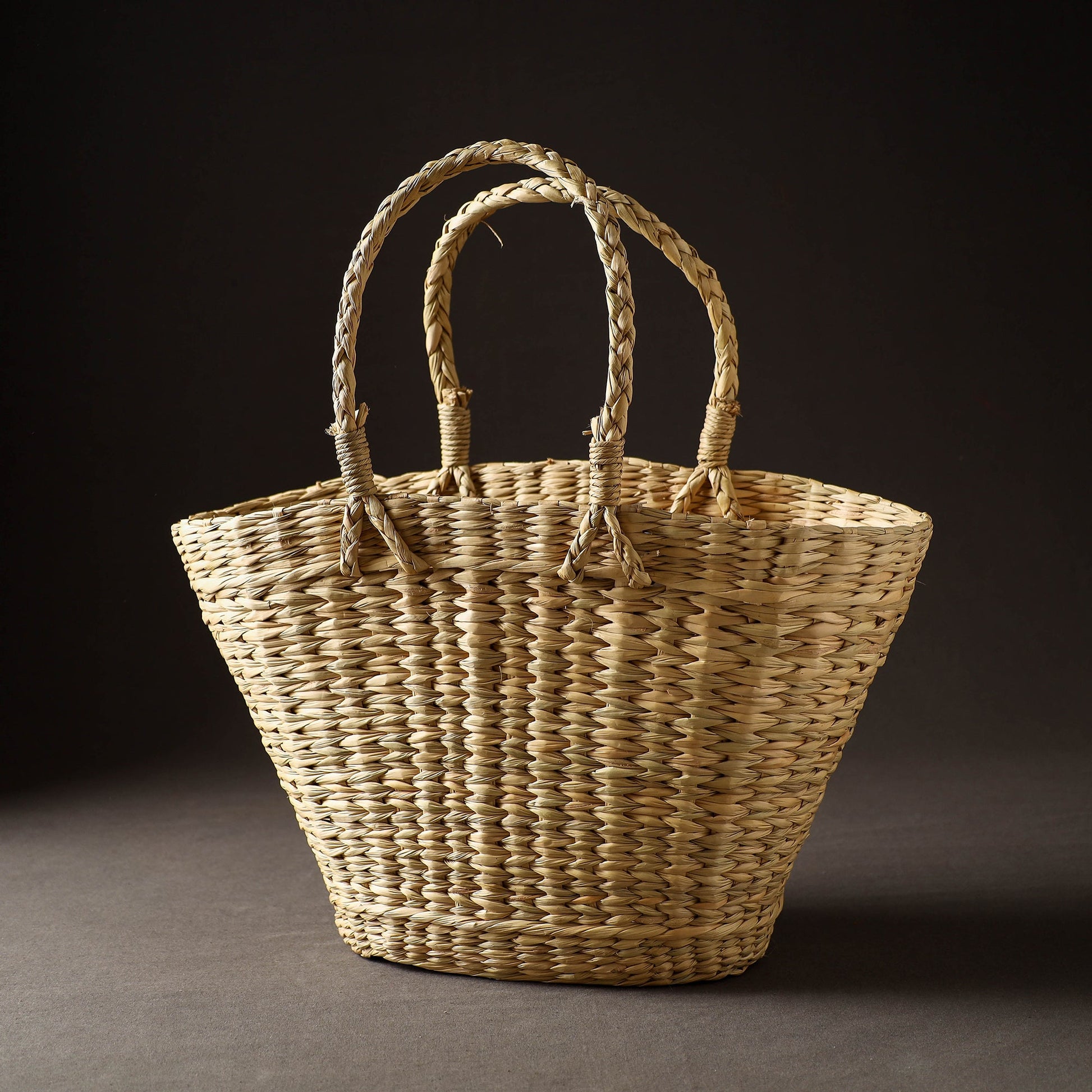 Beige - Handcrafted Natural Water Reed Embroidered Shopping Bag