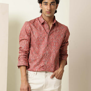 Rare Rabbit Men's Moire Red Cotton Fabric Paisley Print Full Sleeves Shirt