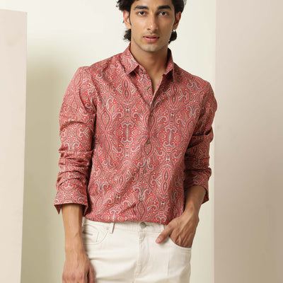 Rare Rabbit Men's Moire Red Cotton Fabric Paisley Print Full Sleeves Shirt