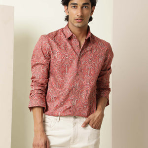 Rare Rabbit Men's Moire Red Cotton Fabric Paisley Print Full Sleeves Shirt