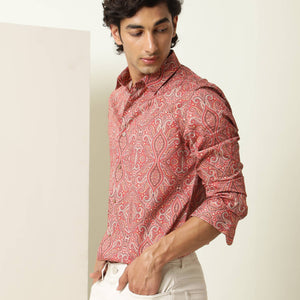 Rare Rabbit Men's Moire Red Cotton Fabric Paisley Print Full Sleeves Shirt