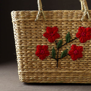 Beige - Handcrafted Natural Water Reed Embroidered Shopping Bag