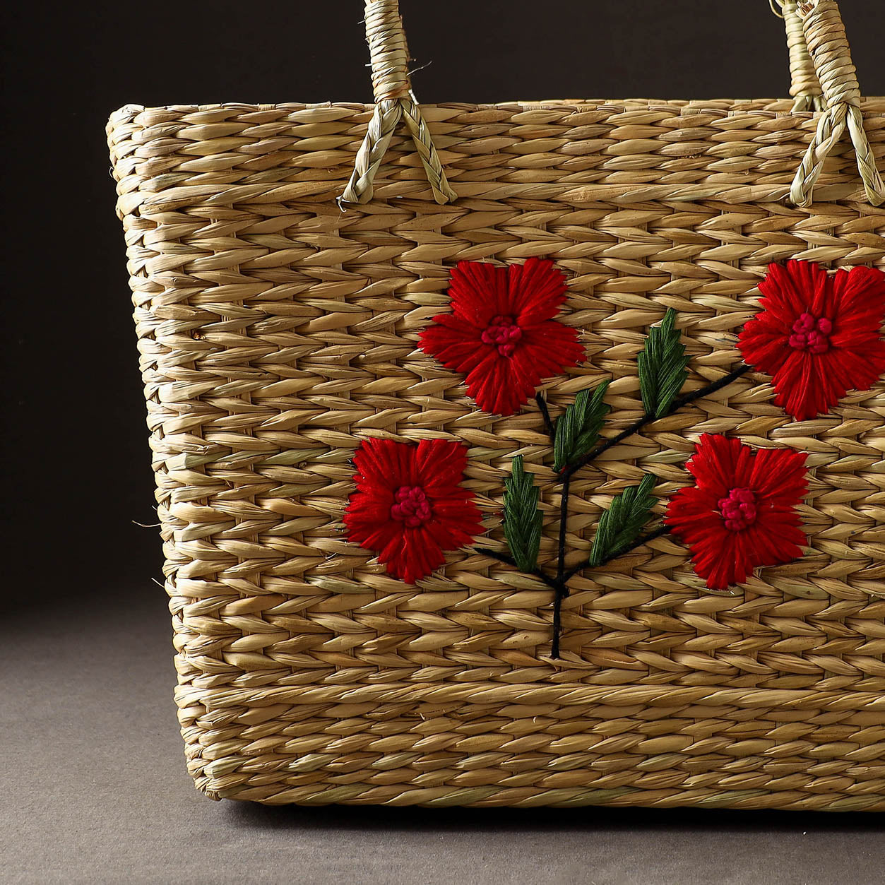 Beige - Handcrafted Natural Water Reed Embroidered Shopping Bag