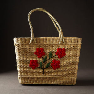 Beige - Handcrafted Natural Water Reed Embroidered Shopping Bag