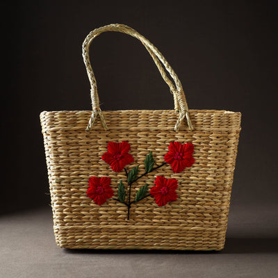 Beige - Handcrafted Natural Water Reed Embroidered Shopping Bag