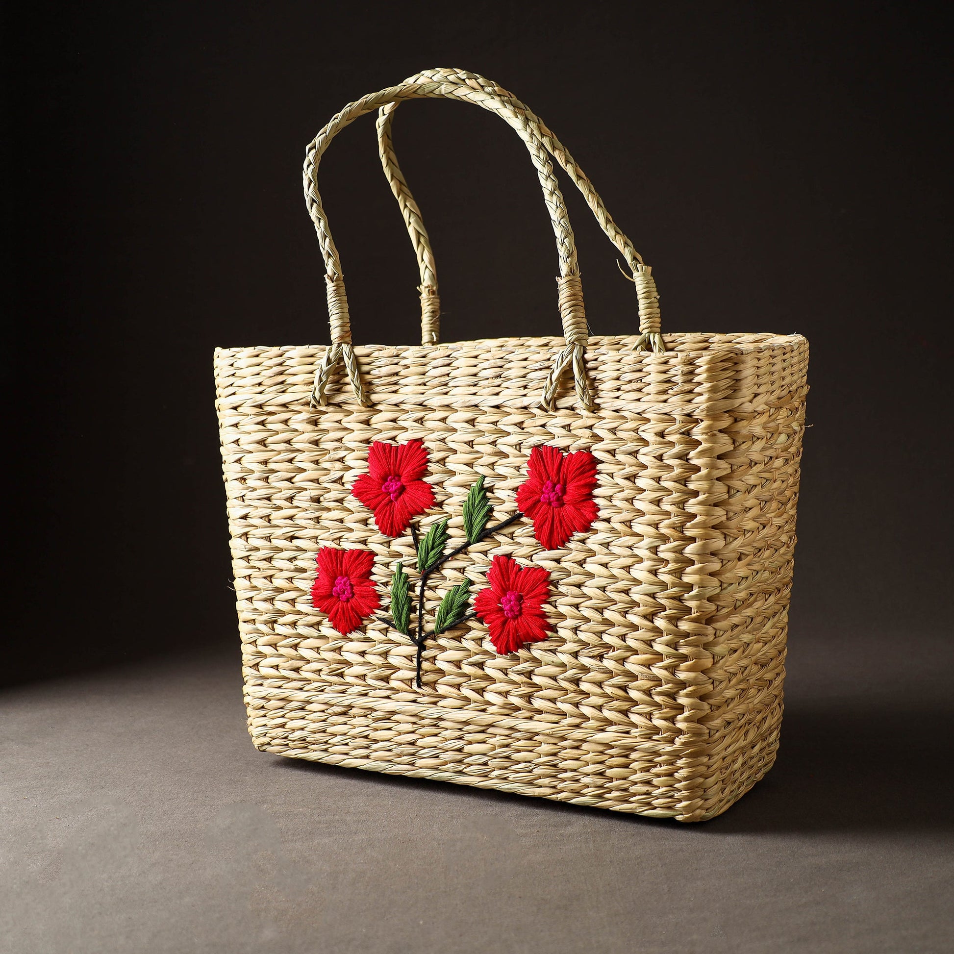 Beige - Handcrafted Natural Water Reed Embroidered Shopping Bag