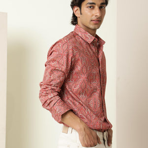 Rare Rabbit Men's Moire Red Cotton Fabric Paisley Print Full Sleeves Shirt