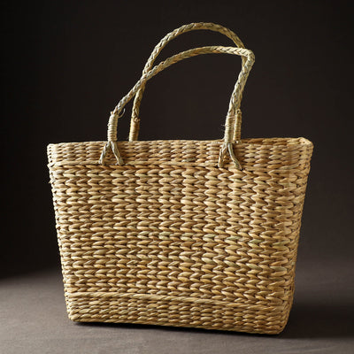 Beige - Handcrafted Natural Water Reed Embroidered Shopping Bag