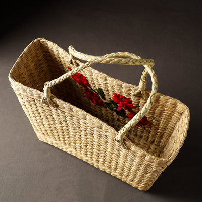 Beige - Handcrafted Natural Water Reed Embroidered Shopping Bag