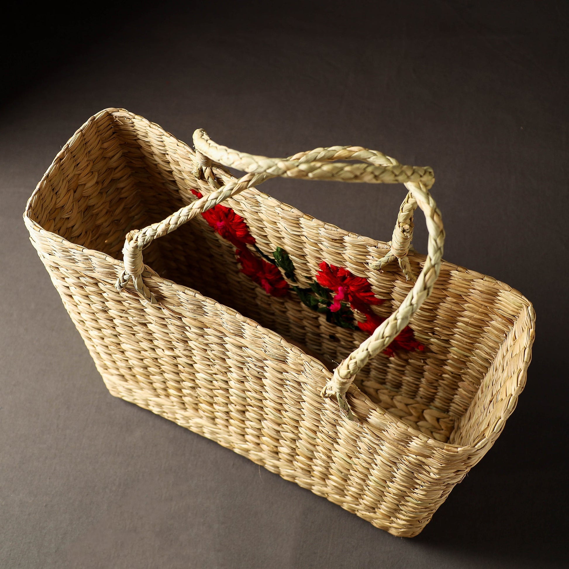 Beige - Handcrafted Natural Water Reed Embroidered Shopping Bag