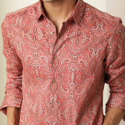 Rare Rabbit Men's Moire Red Cotton Fabric Paisley Print Full Sleeves Shirt