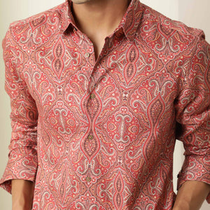 Rare Rabbit Men's Moire Red Cotton Fabric Paisley Print Full Sleeves Shirt