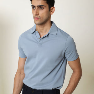 Rare Rabbit Men'S Zeny Blue Cotton Fabric Collared Neck Half Sleeves Button Closure Polo T-Shirt