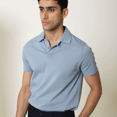 Rare Rabbit Men'S Zeny Blue Cotton Fabric Collared Neck Half Sleeves Button Closure Polo T-Shirt