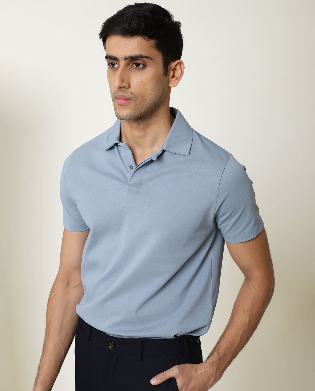 Rare Rabbit Men'S Zeny Blue Cotton Fabric Collared Neck Half Sleeves Button Closure Polo T-Shirt