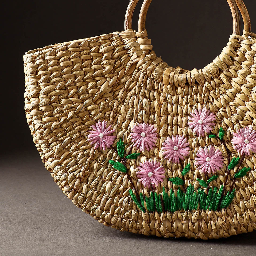 Beige - Handcrafted Natural Water Reed Embroidered Hand Bag