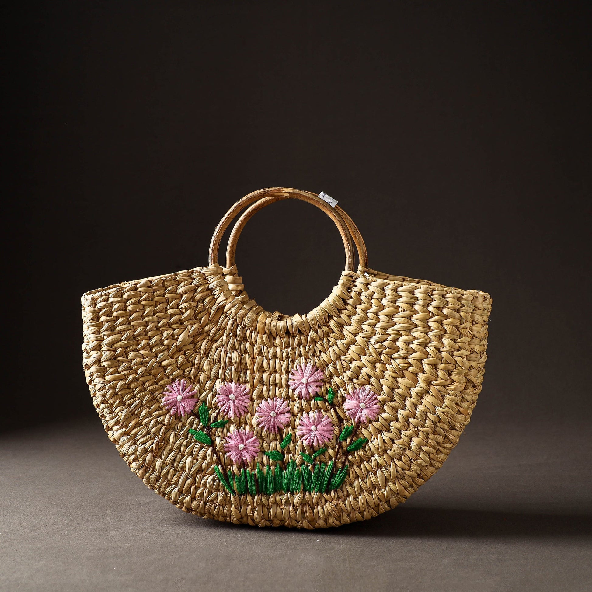 Beige - Handcrafted Natural Water Reed Embroidered Hand Bag