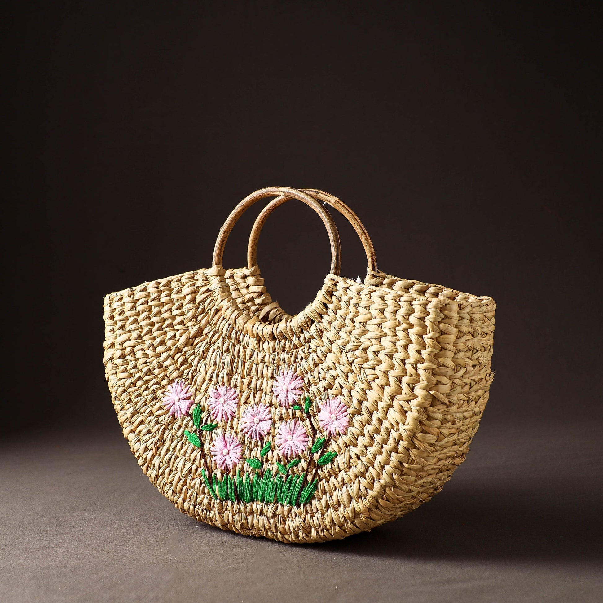 Beige - Handcrafted Natural Water Reed Embroidered Hand Bag
